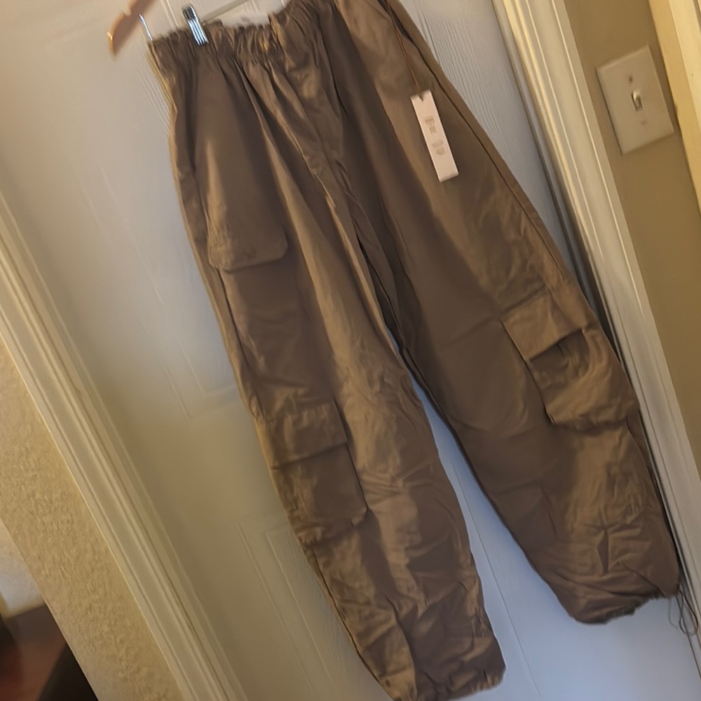 Love Tree Brown Parachute Pants with Drawstring Waist and Gathered Ankle